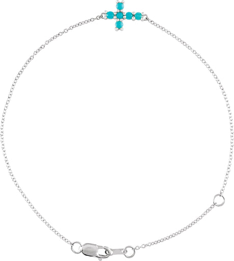 14K Gold Round Natural Turquoise Sideways Cross Bracelet - White Gold