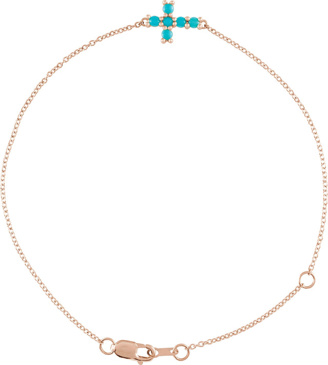 14K Gold Round Natural Turquoise Sideways Cross Bracelet - Rose Gold
