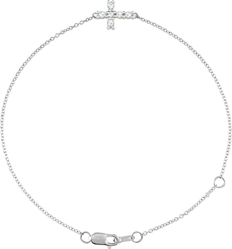 14K Gold Round Natural Diamond Sideways Cross Bracelet – 2mm Stones - White Gold