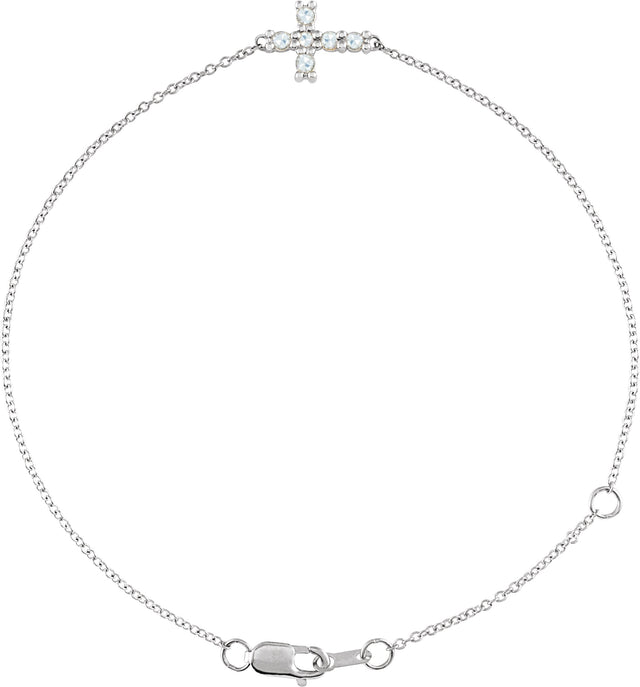 14K Gold Round Natural Diamond Sideways Cross Bracelet – 2mm Stones - White Gold