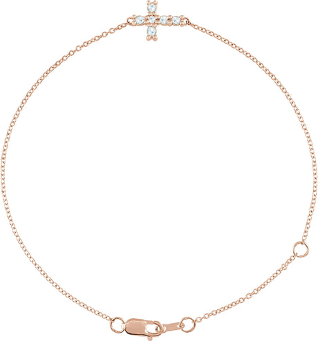 14K Gold Round Natural Diamond Sideways Cross Bracelet – 2mm Stones - Rose Gold