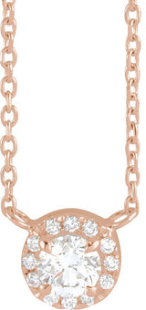 14K Gold Round Natural Diamond French-Set Halo-Style Necklace - Rose Gold