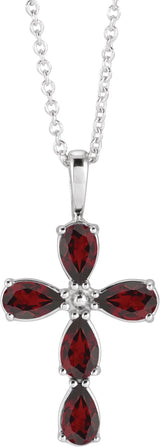 14K Gold Pear Natural Mozambique Garnet Cross Necklace or Pendant - White Gold