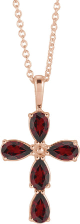 14K Gold Pear Natural Mozambique Garnet Cross Necklace or Pendant - Rose Gold