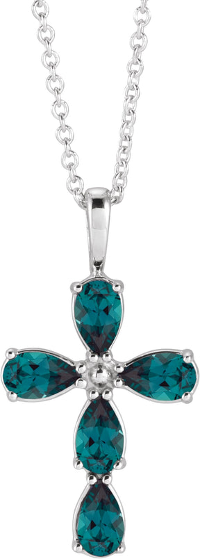 Platinum Pear Lab-Grown Alexandrite Cross Necklace or Pendant