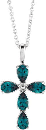 14K Gold Pear Lab-Grown Alexandrite Cross Necklace or Pendant - White Gold