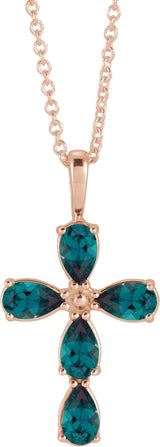 14K Gold Pear Lab-Grown Alexandrite Cross Necklace or Pendant - Rose Gold