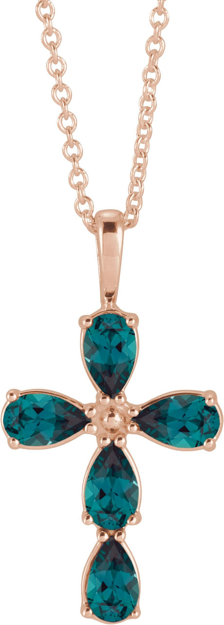 14K Gold Pear Lab-Grown Alexandrite Cross Necklace or Pendant - Rose Gold