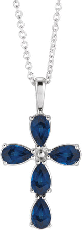 14K Gold Pear Lab-Grown Blue Sapphire Cross Necklace or Pendant - White Gold