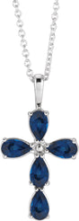 14K Gold Pear Lab-Grown Blue Sapphire Cross Necklace or Pendant - White Gold