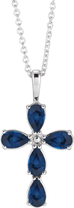 Platinum Pear Lab-Grown Blue Sapphire Cross Necklace or Pendant
