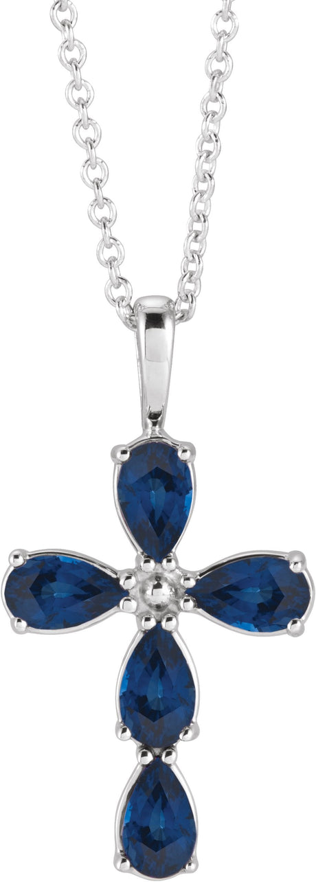 Platinum Pear Lab-Grown Blue Sapphire Cross Necklace or Pendant