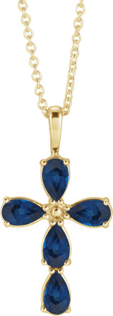 14K Gold Pear Lab-Grown Blue Sapphire Cross Necklace or Pendant - Yellow Gold