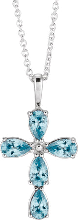 14K Gold Pear Natural Blue Zircon Cross Necklace or Pendant - White Gold