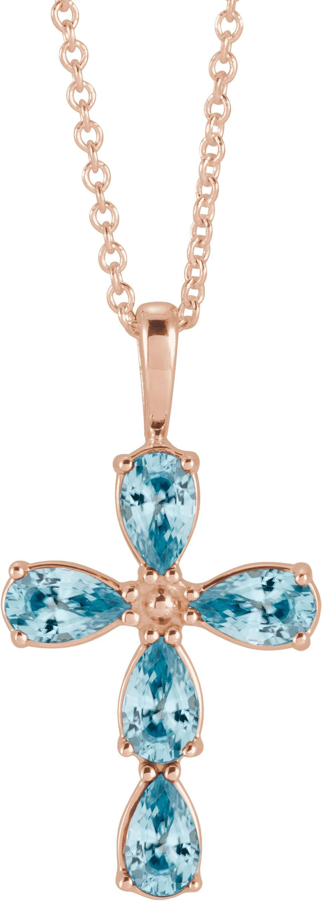 14K Gold Pear Natural Blue Zircon Cross Necklace or Pendant - Rose Gold