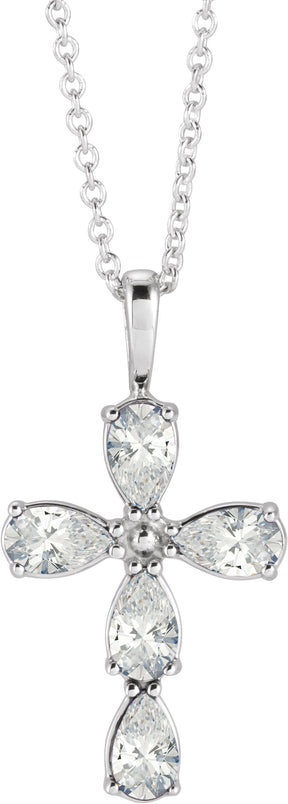 14K Gold Pear Natural Diamond Cross Necklace or Pendant - White Gold