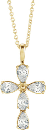 14K Gold Pear Natural Diamond Cross Necklace or Pendant - Yellow Gold