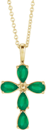 14K Gold Pear Natural Emerald Cross Necklace or Pendant - Yellow Gold