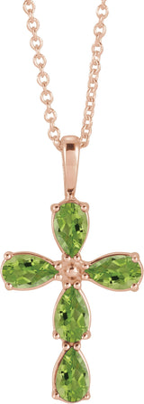 14K Gold Pear Natural Peridot Cross Necklace or Pendant - Rose Gold