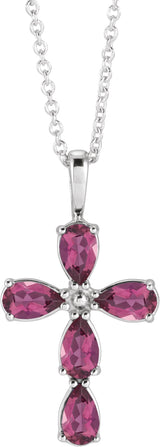 Platinum Pear Natural Pink Tourmaline Cross Necklace or Pendant