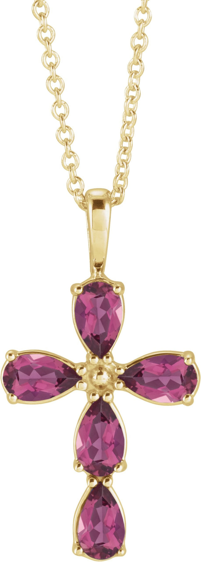 14K Gold Pear Natural Pink Tourmaline Cross Necklace or Pendant - Yellow Gold