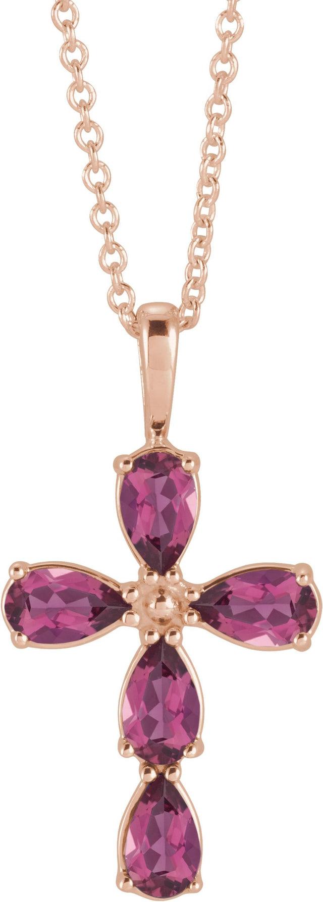 14K Gold Pear Natural Pink Tourmaline Cross Necklace or Pendant - Rose Gold