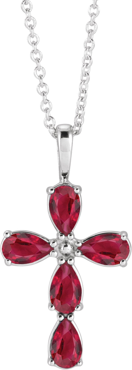 Platinum Pear Lab-Grown Ruby Cross Necklace or Pendant