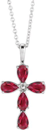 14K Gold Pear Natural Ruby Cross Necklace or Pendant - White Gold