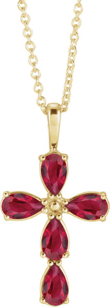 14K Gold Pear Natural Ruby Cross Necklace or Pendant - Yellow Gold
