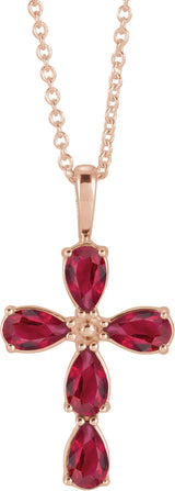 14K Gold Pear Lab-Grown Ruby Cross Necklace or Pendant - Rose Gold