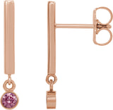 14K Gold Round Natural Pink Tourmaline Bezel-Set Bar Earrings - Rose Gold