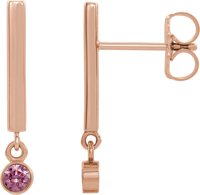 14K Gold Round Natural Pink Tourmaline Bezel-Set Bar Earrings - Rose Gold