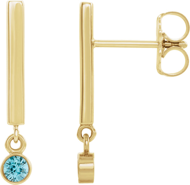 14K Gold Round Natural Blue Zircon Bezel-Set Bar Earrings - Yellow Gold