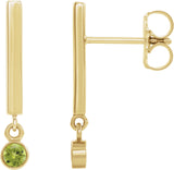 14K Gold Round Natural Peridot Bezel-Set Bar Earrings - Yellow Gold