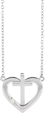 Platinum Round Natural Diamond Heart & Cross Necklace – up to 0.0025 CTW