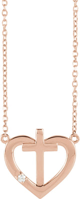 14K Gold Round Natural Diamond Heart & Cross Necklace – up to 0.0025 CTW - Rose Gold