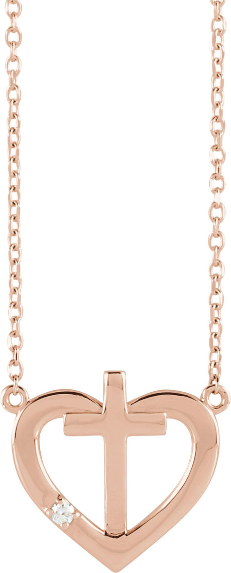 14K Gold Round Natural Diamond Heart & Cross Necklace – up to 0.0025 CTW - Rose Gold