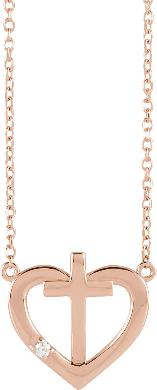 14K Gold Round Natural Diamond Heart & Cross Necklace – up to 0.0025 CTW - Rose Gold