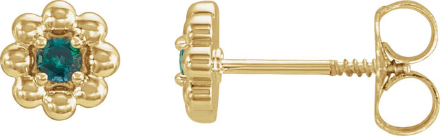 14K Gold Round Natural Alexandrite Petite Flower Earrings - Yellow Gold