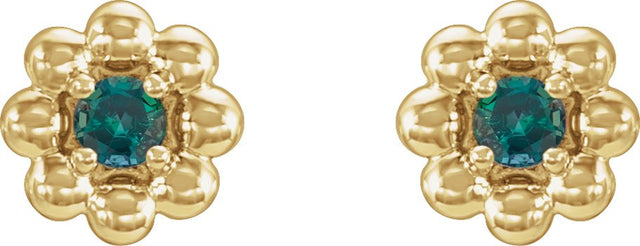 14K Gold Round Natural Alexandrite Petite Flower Earrings - Yellow Gold - view 2