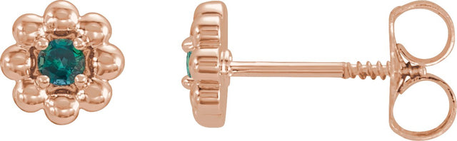 14K Gold Round Natural Alexandrite Petite Flower Earrings - Rose Gold