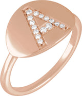 14K Gold Round Natural Diamond Accented Initial Signet Ring - Rose Gold