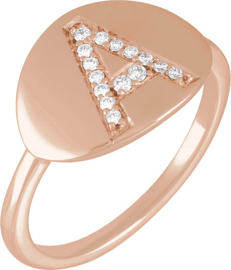 14K Gold Round Natural Diamond Accented Initial Signet Ring - Rose Gold
