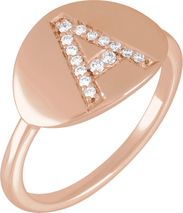 14K Gold Round Natural Diamond Accented Initial Signet Ring - Rose Gold