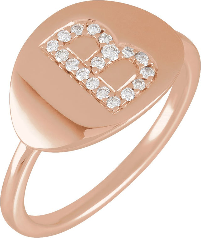 14K Gold Round Natural Diamond Accented Initial Signet Ring - Rose Gold