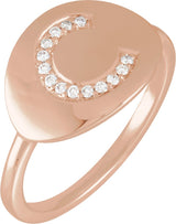 14K Gold Round Natural Diamond Accented Initial Signet Ring - Rose Gold