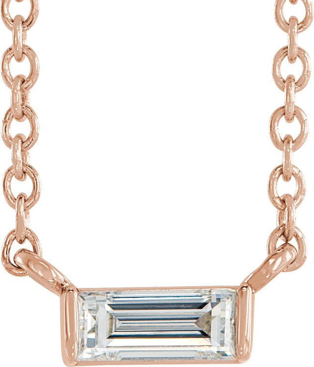 14K Gold Straight Baguette Natural Diamond Solitaire Channel-Set Necklace - Rose Gold