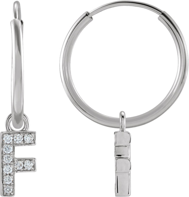 14K Gold Round Natural Diamond Initial Hoop Earrings - White Gold