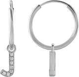 14K Gold Round Natural Diamond Initial Hoop Earrings - White Gold