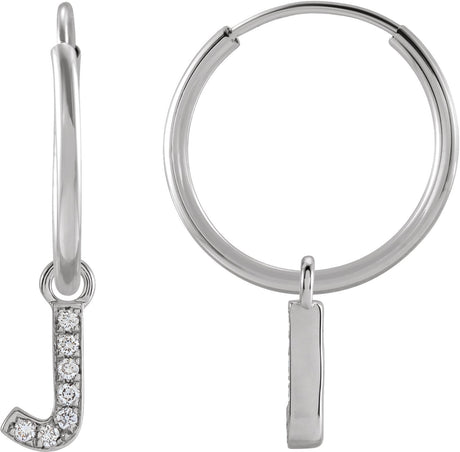 14K Gold Round Natural Diamond Initial Hoop Earrings - White Gold